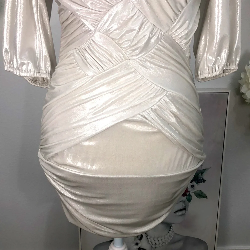 2B Bebe shimmering silver fitted mini dress. Sz S. EUC - Picture 3 of 8
